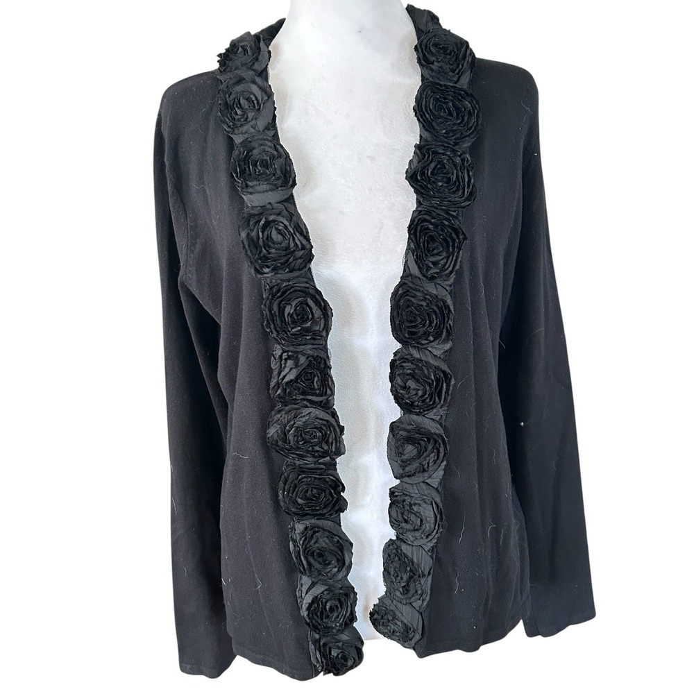 Willi Smith Open Front Black Cardigan Rosette Trim SZ L.